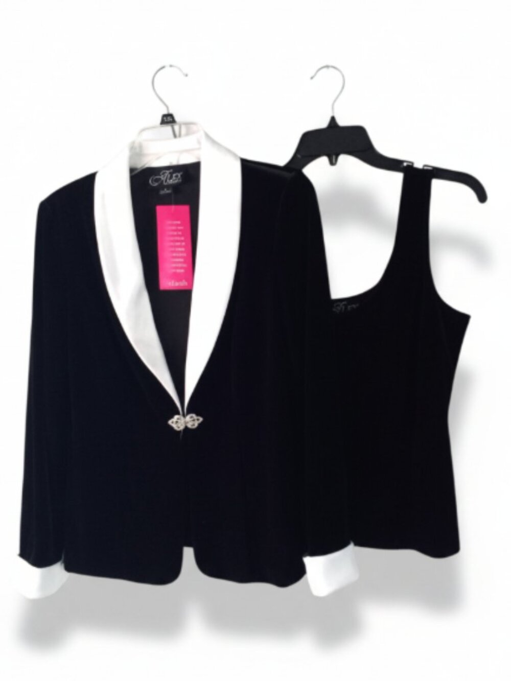 Alex Evenings Womens Small Black Velvet Jacket Tank 2Pc Formal White Trim NWT